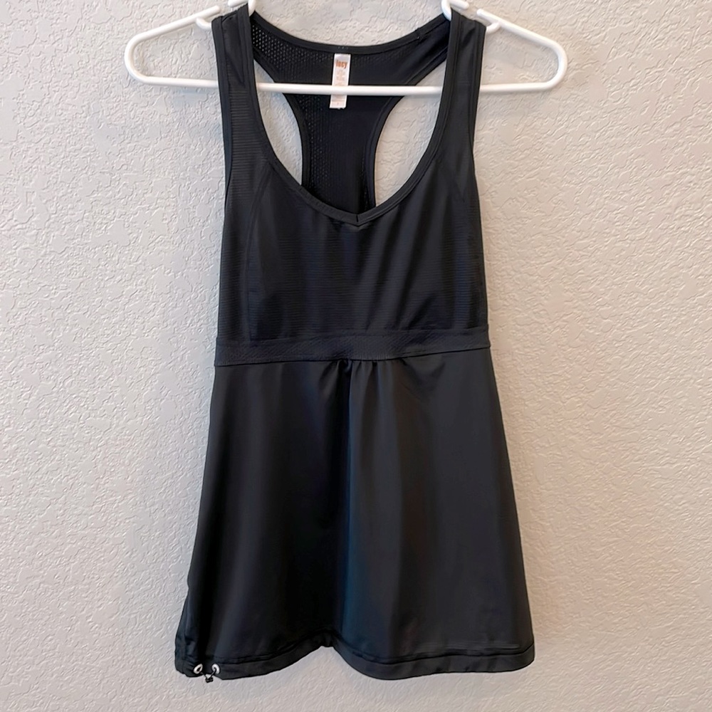 Lucy black semi-sheer racerback blouson tank, size Small